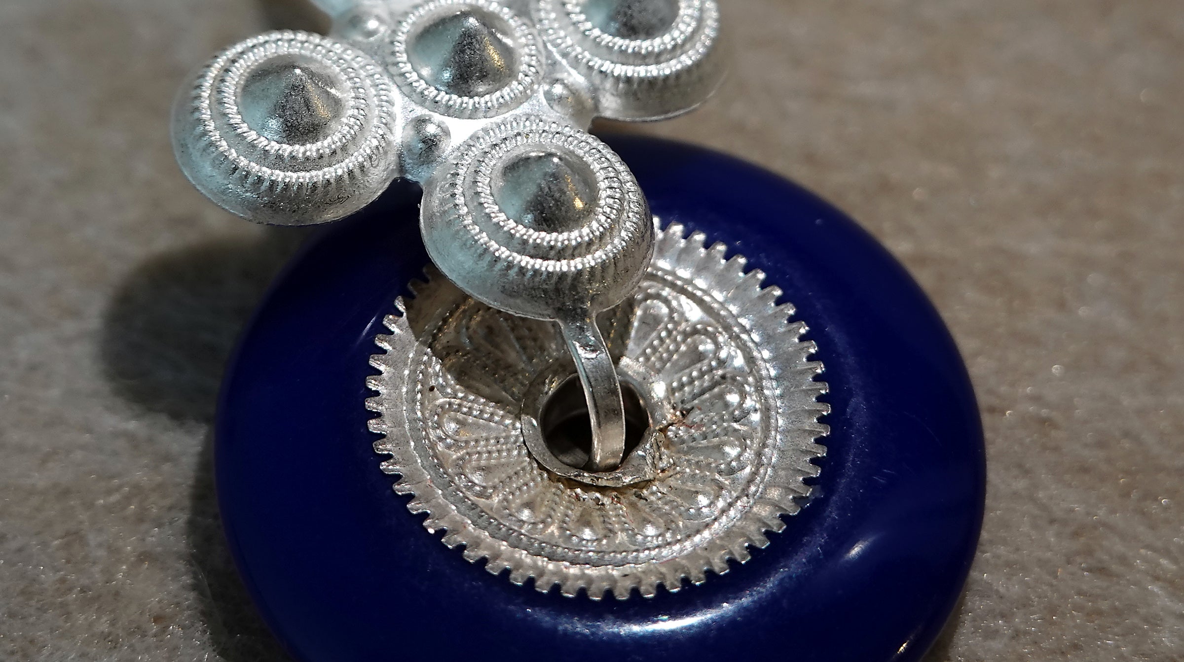 Handmade S999 silver Blue Halo Blossom earring with floral handmade details