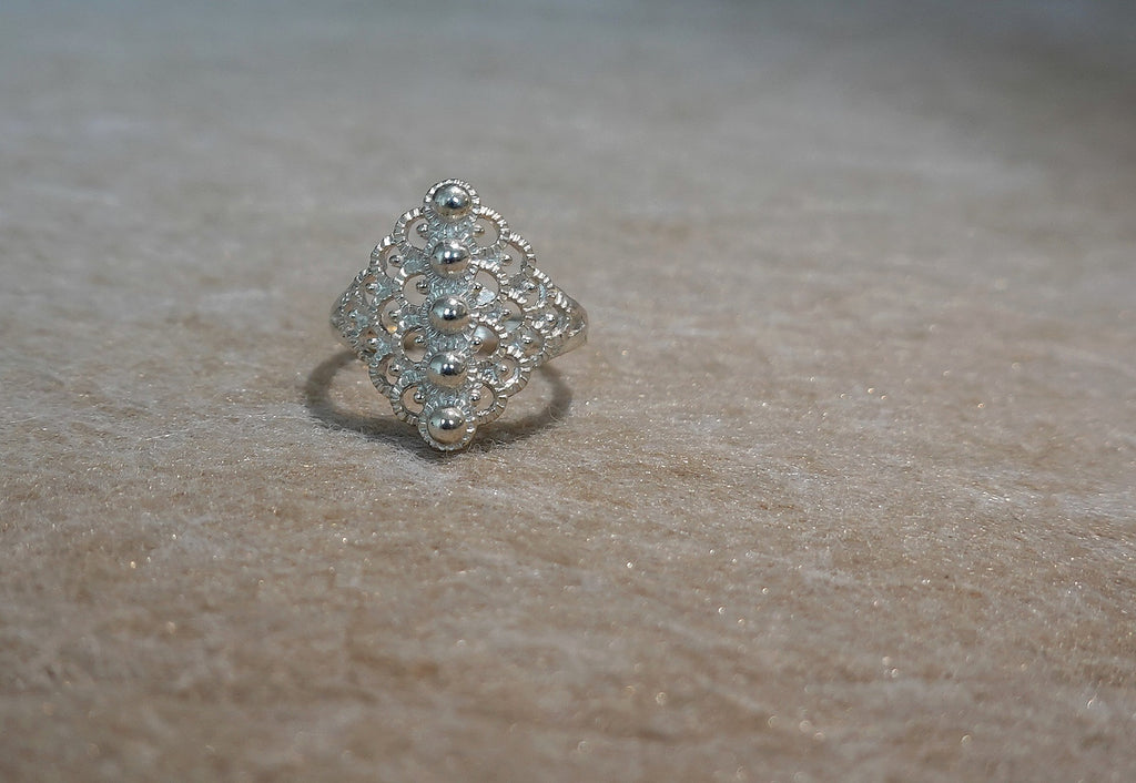 Handmade S999 silver Mountain Spring ring showing sculptural silver details