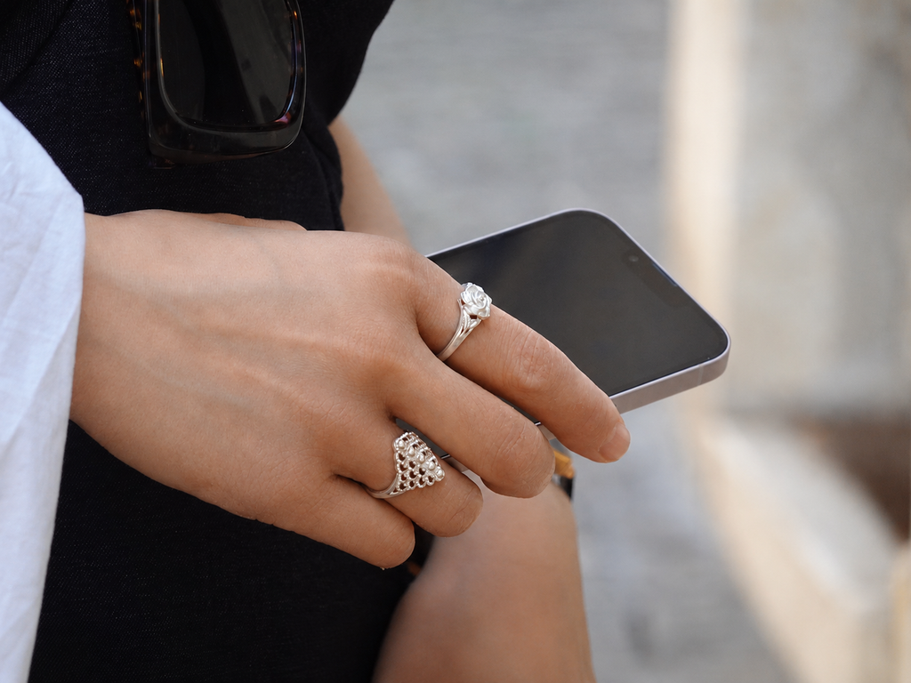 LIOMON Mountain Spring silver ring worn in natural everyday styling