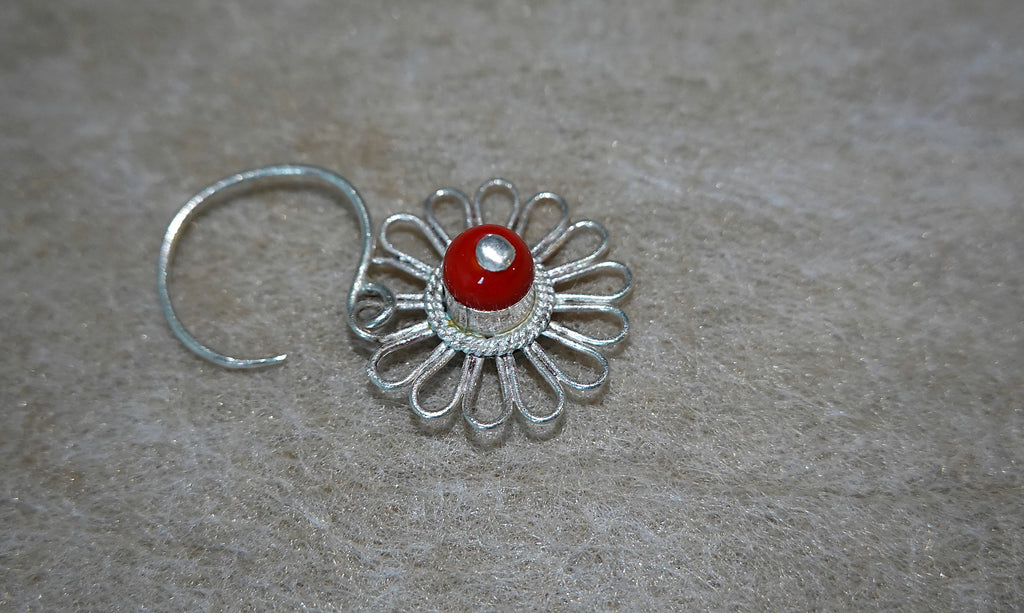 Handmade S999 silver Red Daisy Hoop earring with floral handmade details