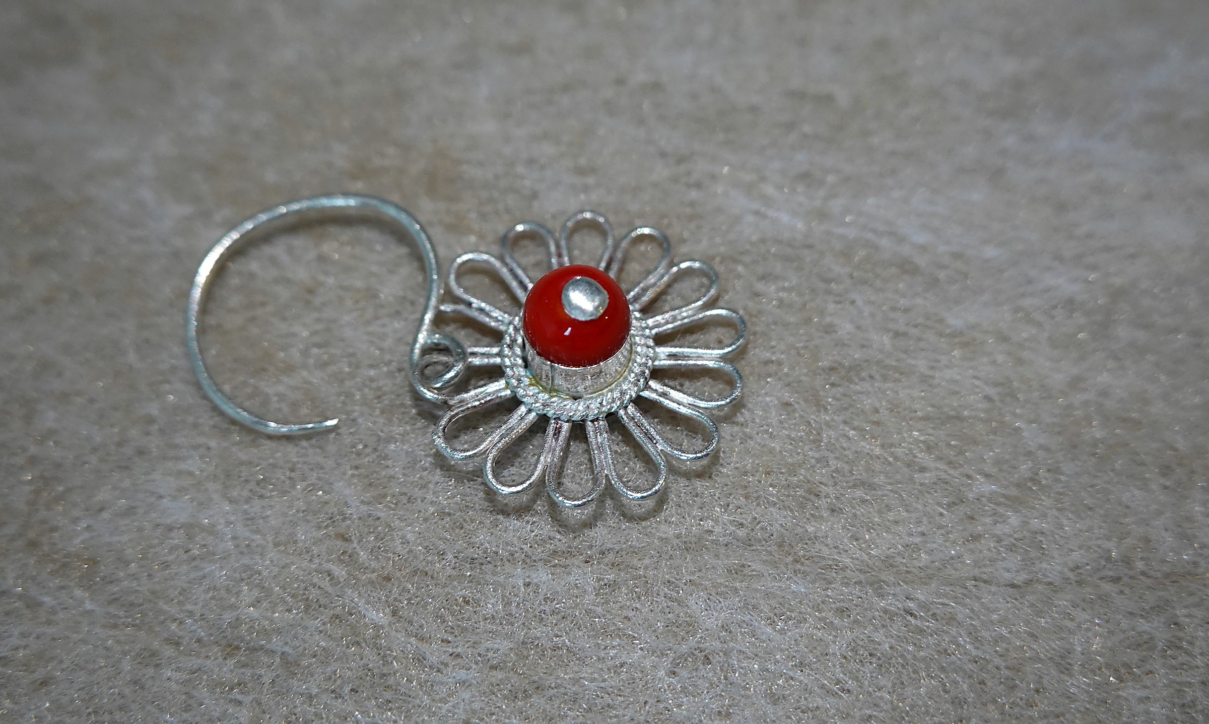 Handmade S999 silver Red Daisy Hoop earring with floral handmade details