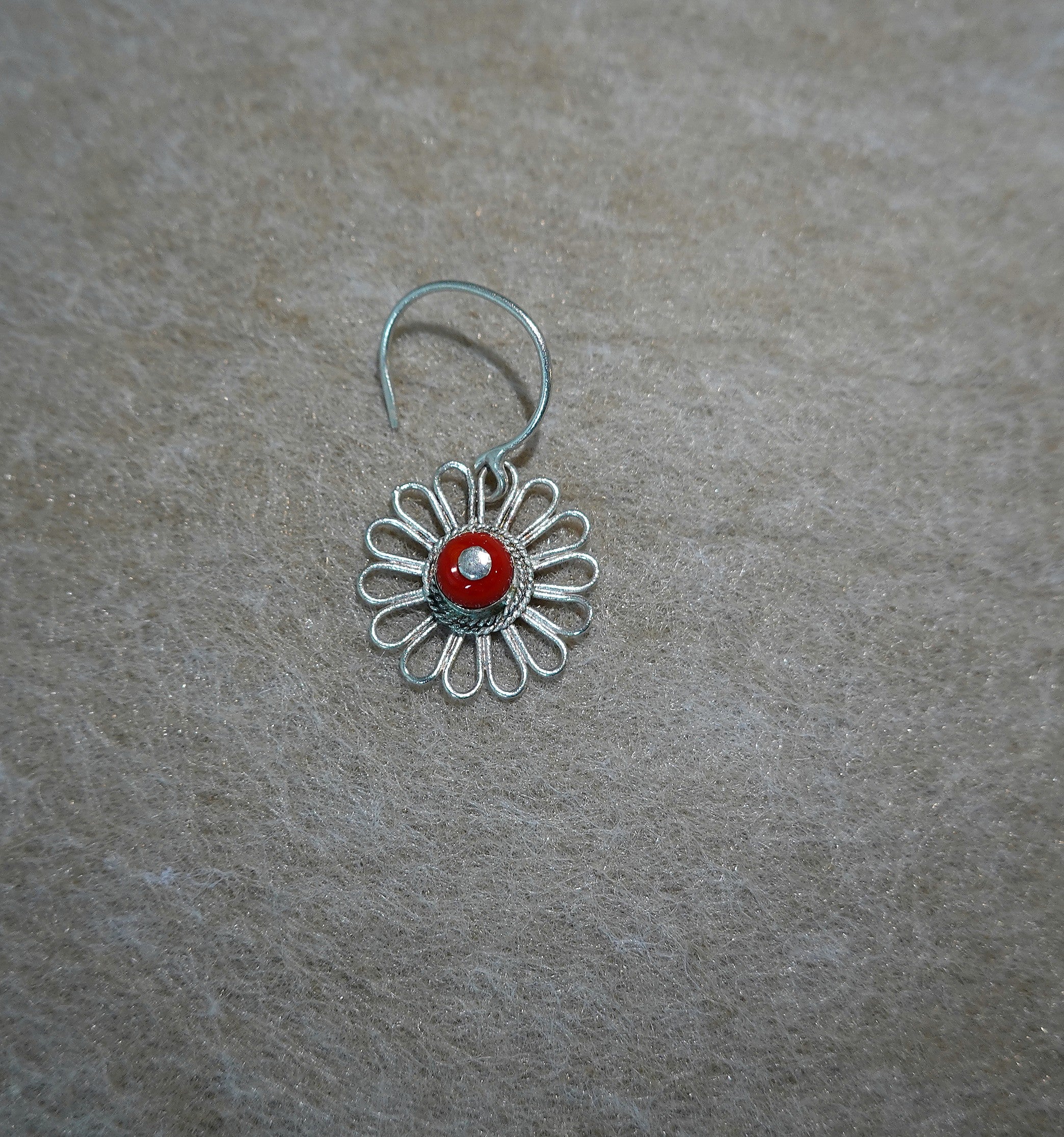 Handmade S999 silver Red Daisy Hoop earring with floral handmade details