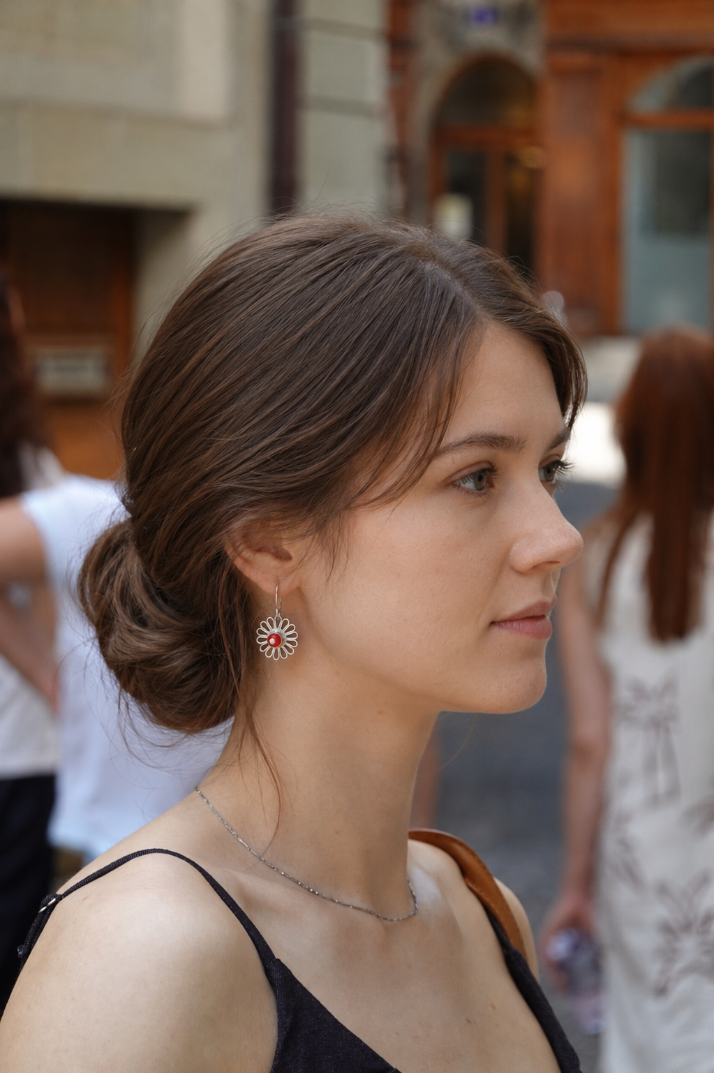 Handmade S999 silver Red Daisy Hoop earring with floral handmade details