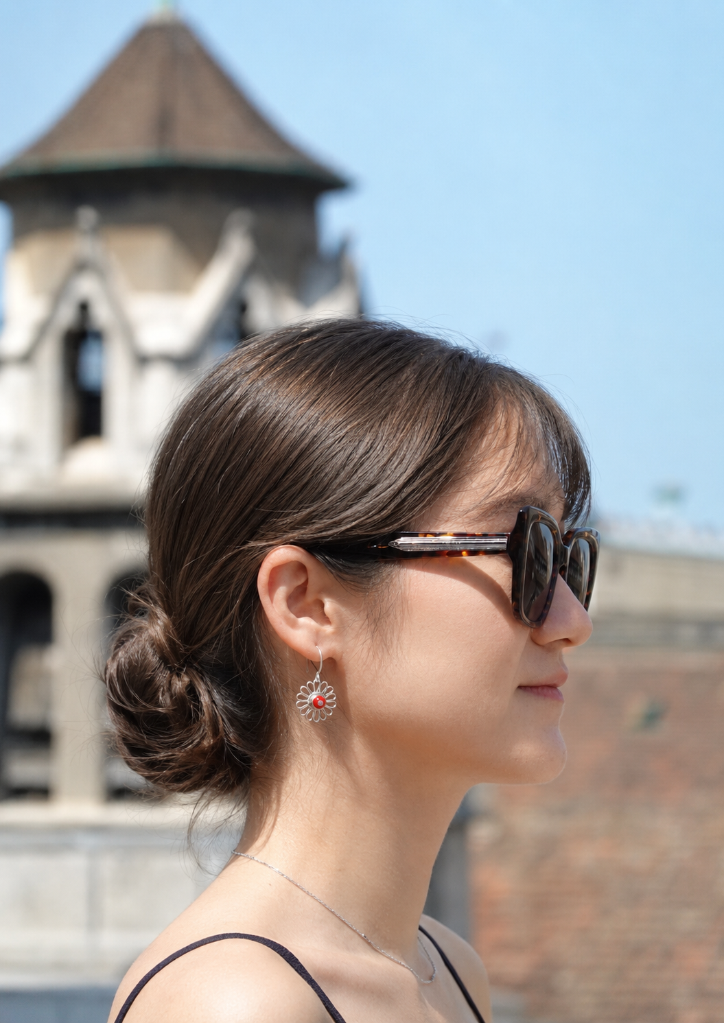 Handmade S999 silver Red Daisy Hoop earring with floral handmade details