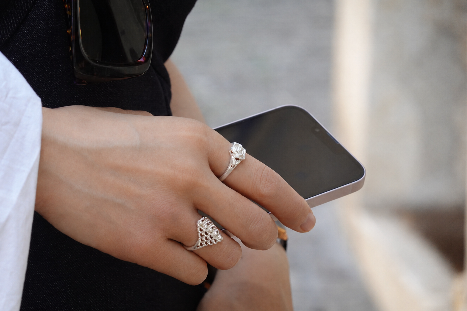 LIOMON Silver Rose Bloom silver ring worn in natural everyday styling