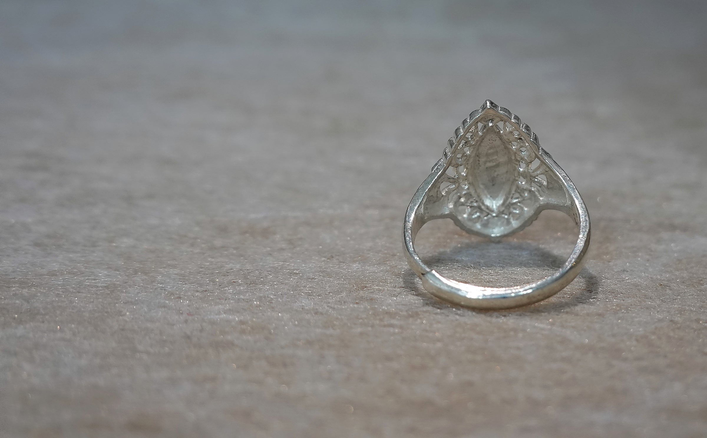 Handmade S999 silver Sunlit Leaf ring showing sculptural silver details