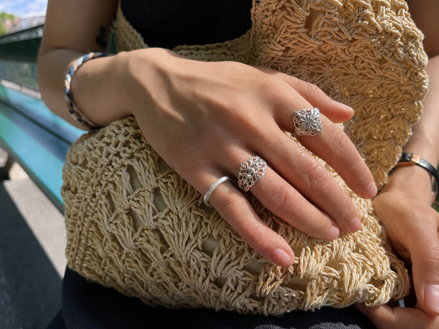 LIOMON Sunlit Leaf silver ring worn in natural everyday styling